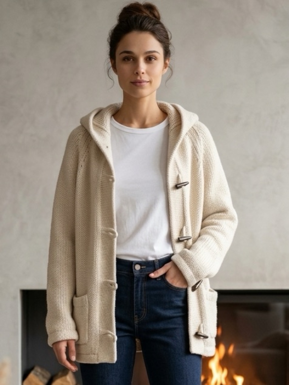 Linda Richards Hand-Knit Premium Wool Toggle Hooded Cardigan Sweater- OS - EUC